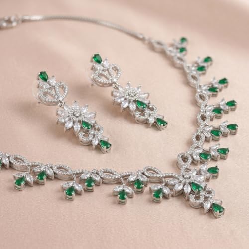 Image of Alloy White Plated American Diamond Necklace Set for Women and Girls with Matching Earrings, S Hook Closure Necklace and Push Plug Earrings for Traditional Outfit