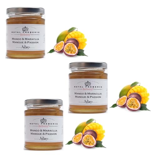 Belberry® Confitura de mango y maracuja - 3 x 215 gr | Conservación de mango y fruta pasión aromática y exótica para untar en pan tostado, para yogur y tartas
