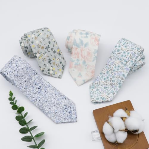 Image of Luckyvestir Ties for Men, Sage Green Cotton Floral Tie 2.76 inch Flower Printed Men's Neckties for Wedding /Groomsmen /Suit /Party
