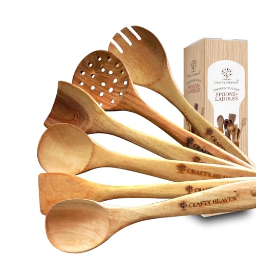 Image of Wooden Spatula & Ladles | Neem Wood Utensils for Cooking | Lakadi ka Chamach | Non-Stick Cookware Safe | Wooden Cooking Spoon Set | Kitchen Tools | Made in India - Set of 6