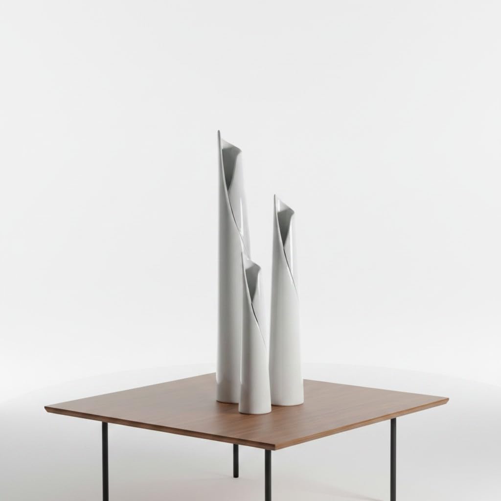 Vasen 3er Set - Keramik Vase Weiß, Modern, Minimalistisch - Deko Vasen für Pampasgras und Blumen, Handgefertigte Blumenvase, 30-50cm hoch