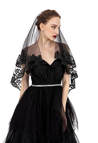 Pamor Black Lace Veil Creative Mantilla Cathedral Tulle Sheer Wedding Halloween Veil For Bride With Comb #TOP4