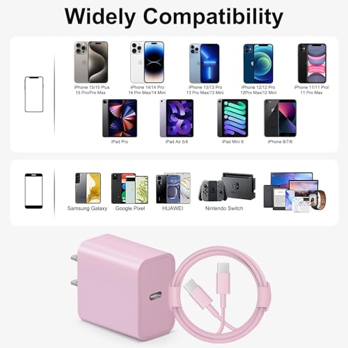 Image of iPhone 17 16 15 Charger Fast Charging 6FT - 20W USB C Charger Block with 6FT Type C to C Cable Compatible with iPhone 17 /17 Pro /17 Pro Max /Air /16 /16e /15, iPad Pro, iPad Air (Pink)