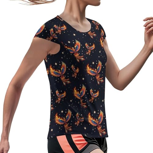 Women's Short Sleeve Shirts Crew Neck, Summer Slim Breathable Stretchy Workout Tops, Quick Dry Smooth T-Shirt for Casual Sports, Cool Fire Flame Bird
