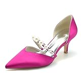 HKMFLYY Satin Low Heels for Women Pointed Toe Wedding Shoes for Bride 2024 Pearl Bridal Shoes Fuchsia Prom Party Shoes Pumps Size 8.5 6869-17 Fuchsia