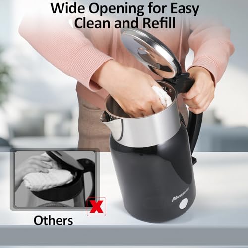 Navie Mobi Hervidor Agua Electrico,1.8L Gran Capacidad,2200W Ebullición Rápida, Calentador Agua Acero inoxidable,Sin BPA,Apagado Automático,Tetera Electrica Sin Goteo,Doble pared,Sin Cable,Negro - imagen 7