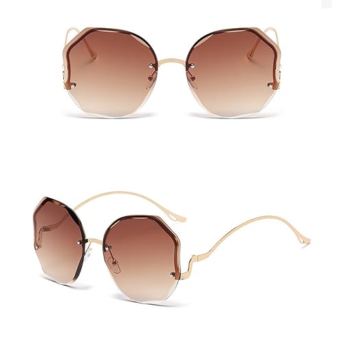 Oversized Rimless Sunglasses, Hexagonal Brown Gradient Lenses, Gold Metal Frame2