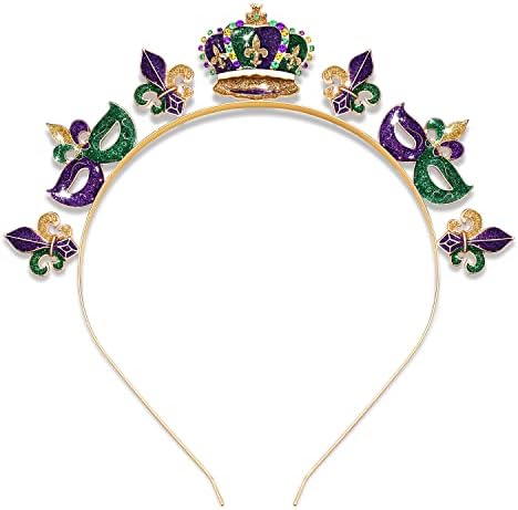 Mardi Gras Headband Women Glitter Mask Crown Fleur de Lis Hairband Headpiece Carnival Party Hair Accessory Costume Decor Gift