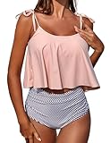 Buauty Bikini Bathing Suits for Women Two Piece Swimsuits Tummy Control Bottom Ruffled Flounce Tops High Waisted Bikini Sets Pink