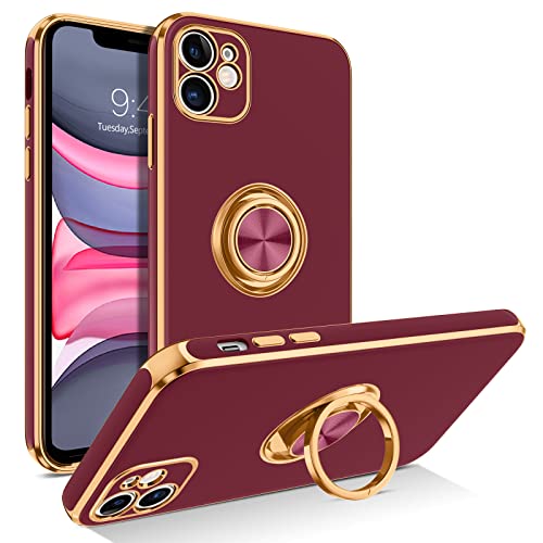 BENTOBEN Coque iPhone 11 Etui Housse de Protection Ultra Fine Mince en TPU Support de Bague Mignon Placage Caméra Objectif Protection Antichoc Dragonne Antidérapante Coque pour iPhone 11-Vin Rouge Cover