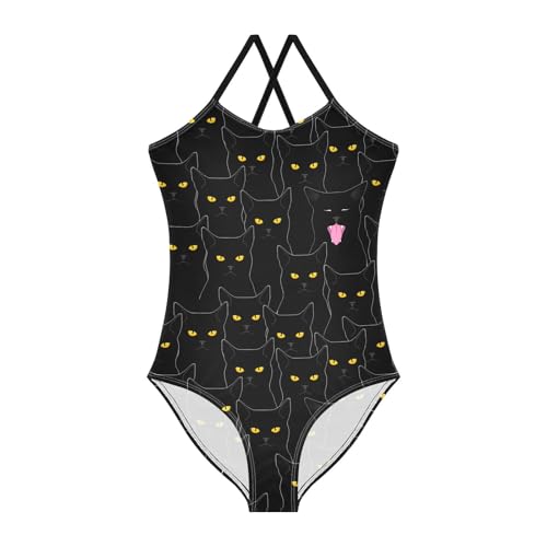 JHKKU Girls One Piece Black Cats Swimsuits Quick Dry Beach Swimwear Bathing Suit for Beach 9-10T