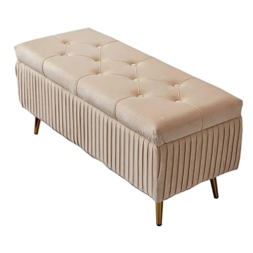 FANDIAO - Banco de almacenamiento moderno con tapicería capitoné y patas de metal para dormitorio y entrada, banco otomano de terciopelo, almacenamiento rectangular, color caqui, 60 x 40 x 45 cm