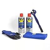 El kit de mantenimiento total seco de motos WD-40 Specialist contiene 1 Limpia Cadenas WD-40 de 500 ml, 1 Lubricante de Cadenas Ambiente Seco WD-40 de 400 ml, 1 guante de precisión WD-40, 1 paño de microfibra WD-40 y 1 cepillo limpia cadenas.