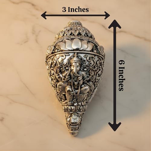 Image of 999 Pure Silver Plated Ganesh Shankh | 6 Inch Grand Vastu Showpiece for Success & Wealth | Sacred Conch Shell Idol for Home Temple & Altar