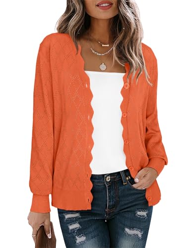 LILBETTER Womens Long Sleeve Button Down V-Neck Hollow Out Pattern Design Open Front Cardigan Sweater(Bright-Orange X-Large)