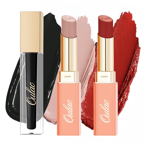 Oulac Juego de 3 pintalabios, acabado mate y satinado en rojo y negro, lápiz labial líquido mate, lápiz de cuidado cremoso, altamente pigmentado, duradero, vegano (SG01+SG07+M23)