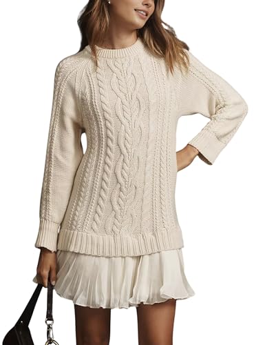 Women Cable Knit Sweater Dress Crewneck Long Sleeve Pleated Mini Dress Twofer Style Patchwork Dress