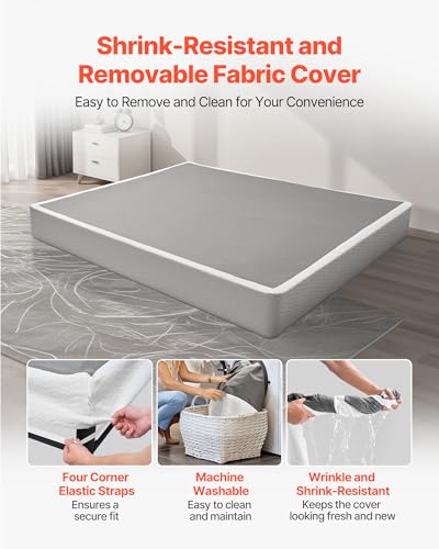 Image of VEVOR Box Spring, King Size Bed Frame with Washable Fabric Cloth, Heavy Duty Metal Frame for King Bed, 9.1 in Mattress Foundation, 3500 lbs Max Weight Capacity, Easy Assembly, 79.1 x 75.8 x 9.1 in