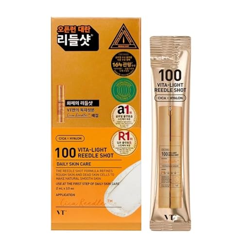 VT COSMETICS Vita-Light Reedle Shot, Sérum Facial con Vitamina C y E, 10 Sticks Monodosis de 2ml, con Centella Asiática y Microagujas | Cuidado Diario de la Piel