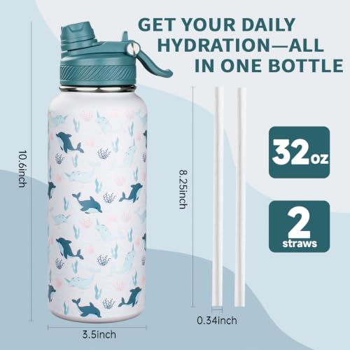 Image of 32 oz Insulated Water Bottle with Leak-proof 2-in-1 Straw and Spout Lid,Stainless Steel Sports Water Bottle with Handle,Double Wall Vacuum Metal Water Flask for Travel Camping School(Ocean,1)