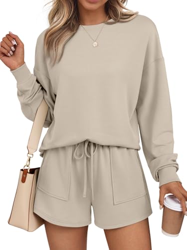 LILLUSORY Lounge Sets for Women Sweat Matching Two Piece Short Set Sweatsuits 2 Piece Pajama Casual Fall Fashion Outfits 2025 Clothes with Pocket Khaki M