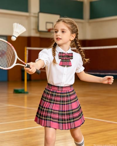 Image of Betusline Girls Skirt Set JK School Uniform 2-Piece Outfit - Short Sleeve Shirt with Bow & Pleated Skirt 4T-14Y