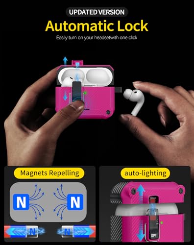 Image of Pohgelan for AirPods Pro 3 Case with Safety Lock-Rose red | Carbon Fiber Texture Cover,Magnetic Automatic Lock with Cleaning Kit&Keychain,Compatible with Magsafe