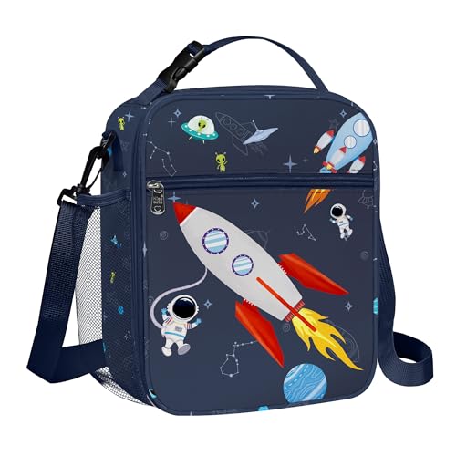 Clastyle Space Insulated Lunch Bag Star Large Thermal Cooler Bag for Kids Picnic Lunch Box Tote Rocket, 9.1x10.2x4.3 inches