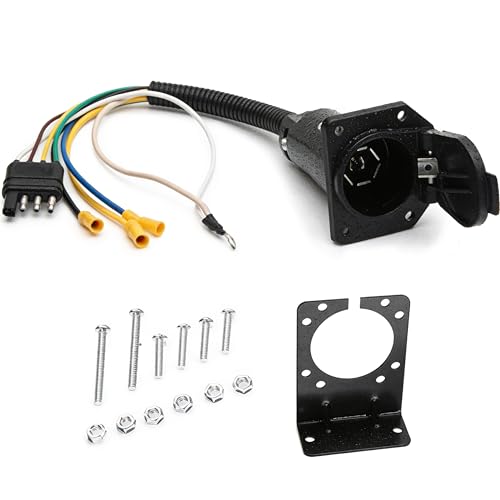 NEWSUN® Premium 4 Pin to 7 Pin Trailer Adapter & 7 Way Round to 7 Way Flat Adapter with Mounting Bracket & Wiring Harness, Universal 4 Way Flat to 7 Blade RV/Truck Connector for Towing