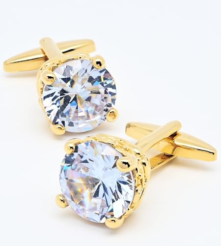 Polyhedral Zircon Gemstone Cufflinks for Men In Gift Case Round Golden/Silver Zircon Crystal Men's Cufflinks Set for Wedding Party Anniversary Business Events Dress3