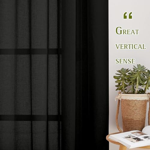 Image of Amazon Basics - Linen Textured Sheer Door Curtains | Light Filtering | 5 Feet | Set of 2 | Plain Design | for Living Room, Bedroom & Balcony | 150cm x 115cm, Color - Black