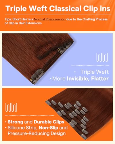Image of Full Shine Clip in Extensions Real Human Hair Copper Mahogany | Real Human Hair Extensions Clip ins, Dark Auburn, Glam Look, for Festivals, 22 Inch 7 Pcs 120g