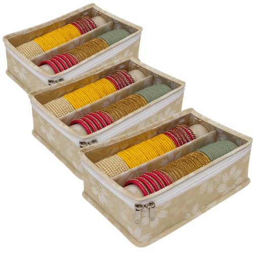 Image of PVC 2-Rod Floral Bangle Organizer Box, Beige, Pack of 3