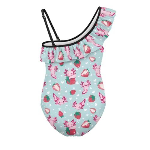 Image of WELLFLYHOM Axolotl Girls One Piece Swimsuits 3-14 Ruffle One Shoulder Bathing Suits Full Coverage Beachwear