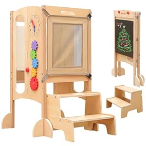 Toddler tower foldable toddler kitchen stool helper with 2 step stool wooden toddler stool with safety net adjustable height chalk whiteboard montessori activity games  urban country home decor
