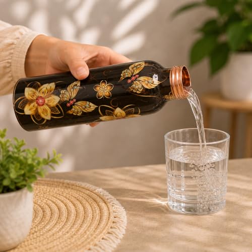 Image of Pure Copper Water Bottle - Handcrafted - Ayurveda health benefits - Large 1000 ml - Leak proof - Easy to carry for Sports, Fitness, Yoga, School - Black Base Floral Textured Colorful Enamel