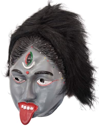 Image of BookMyCostume Kali Mata Rubber Mask for Fancy Dress - Grey Color Goddess with Attached Hair|Religious Role for Kids & Adults|Kali Devi Costume Accessory