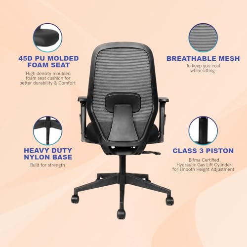 Image of Kepler Brooks Verve Office Chair for Work | 3-Year Warranty | Ergonomic Office Chair, Study Chair for Home, 2D Arms, Adjustable Lumbar, Single Lock Recliner, Heavy Duty Nylon Base (Black)