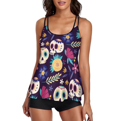 Maillot de bain tankini fleur de crâne pour femme avec short de garçon et robe de plage