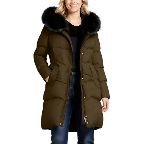 Winter Jackets for Women Quilted Down Long-Lenght Puffer Coats Ladies Lightweight Zipper Waterproof Jacket with Fur Hood Winter Parka Coat Plus Size Slim Trench Coat Padded Warm Outwear