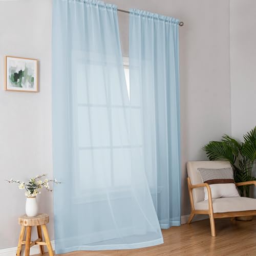 Image of OWENIE Sky Blue Sheer Curtains 90 Inches Long for Bedroom Living Room 2 Panels Set, Light Filtering Voile Light Blue Sheer Curtain, Airy Rod Pocket Farmhouse Curtains, 42Wx90L, Sky Blue