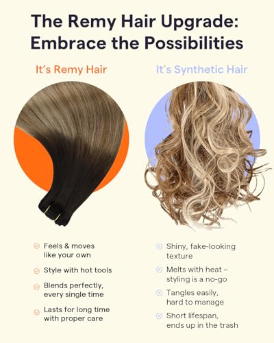 Image of Full Shine Real Human Hair Clip in Extensions, 3 Pcs 60g 16 Inch | Black Balayage Medium Brown Highlights Caramel Blonde, Clip in Hair Extensions Human Hair, Lightweight