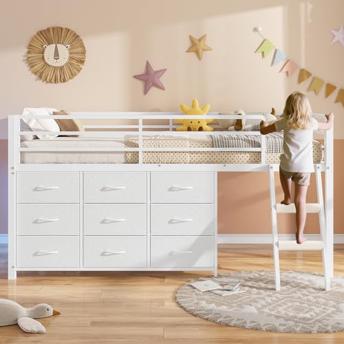 BTHFST Twin Loft Bed for Kids, Low Loft Bed Twin Size with 9 Storage Dresser, LED Lights, 2 Storage Shelves & Stairs, Metal White Bed with Safety Guardrail for Young Teens, Space Saving, White - Thumbnail 3