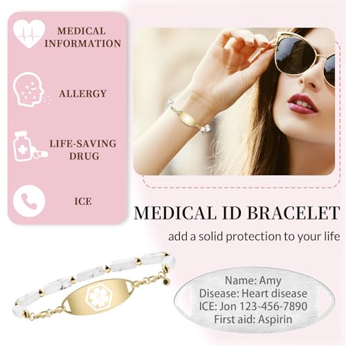 Custom Gemstone Medical ID Bracelets Engraved with Allergy, Diabetes, Epilepsy Alert Information for Women & Men2