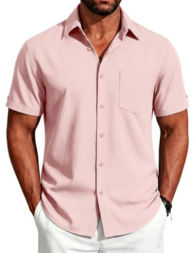 Image of COOFANDY Men's Button Down Shirts Short Sleeve Casual Shirts Summer Beach Linen Shirts with Pocket