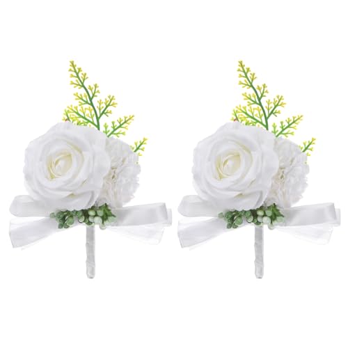 M METERXITY 2-Pack Boutonnieres for Men, Artificial Rose Flower Men Pocket Boutonnieres with Pin for Wedding/Anniversary/Formal Party [White]