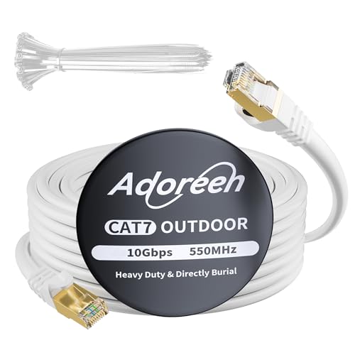 Adoreen Cable Ethernet Cat 6E Cat 7 para exteriores de 50 pies, color blanco, cable de red blindado de alta velocidad, S/FTP, POE, 26 AWG OFC, cable de Internet Cat 6A resistente al agua, cable LAN