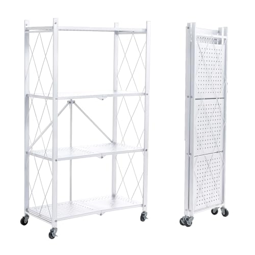 BRIAN & DANY Estanteria Plegable con Ruedas 4 Niveles, Blanco Estante de Almacenaje Plegables de Metal, Carga Pesada Estante Plegable para Cocina, Oficina, Garaje, 71 x 34 x 126 cm