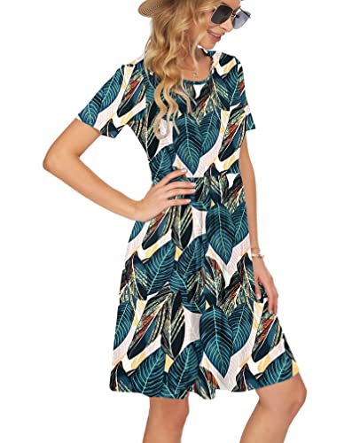 Image of AUSELILY Women's Short Sleeve Pleated Swing Summer Dress with Pockets | Knee-length short sleeve dress, empire waist & pockets, ideal for casual daily wear and vacation