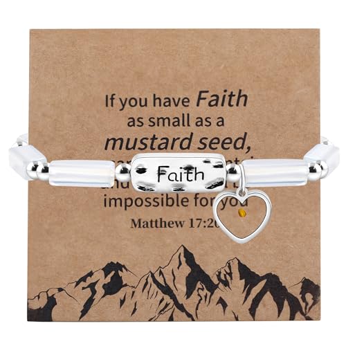 Image of Elastic Faith Bracelet for Women, Adjustable 7 inch Natural Stone Bracelet with Heart Mustard Seed Charm, Spiritual Christian Jewelry for Baptism, Graduation, Religious Celebration YA4856